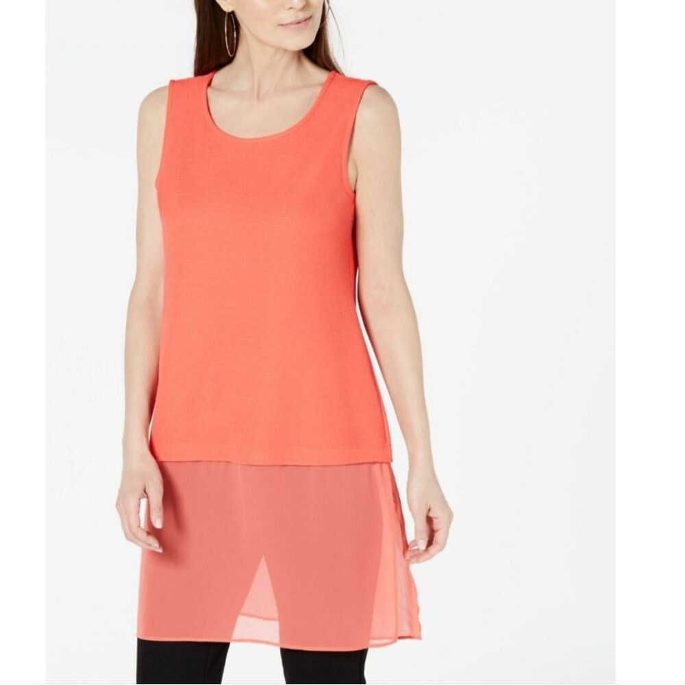 Alfani Ribbed & Sheer Tunic Top Blouse Sleeveless Work Career Sz Petite Medium‎